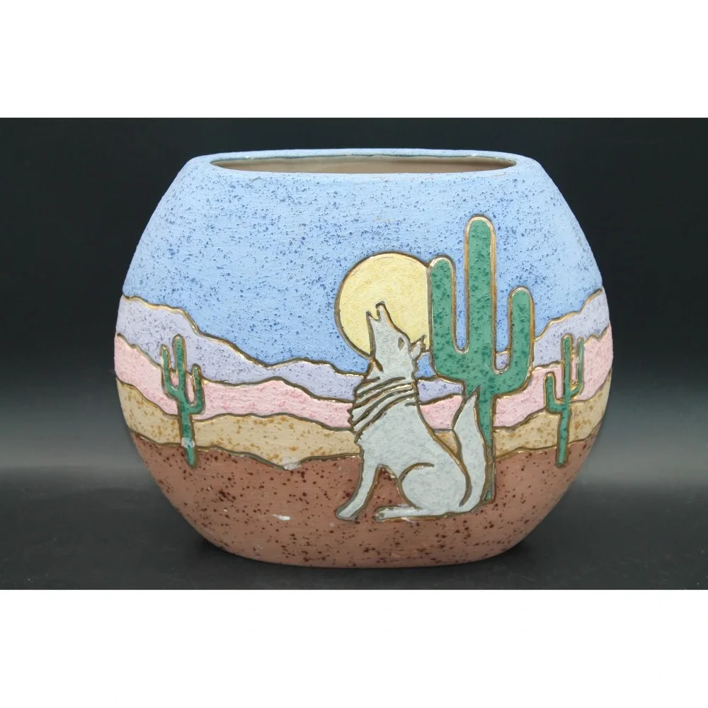Frank Garza Signed Southwest Pottery Planter Coyote Cactus Desert Vase 10